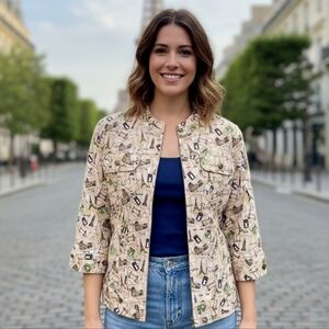 Christopher & Banks Linen Cotton Zip Jacket Travel Landmarks Map Print Women's L